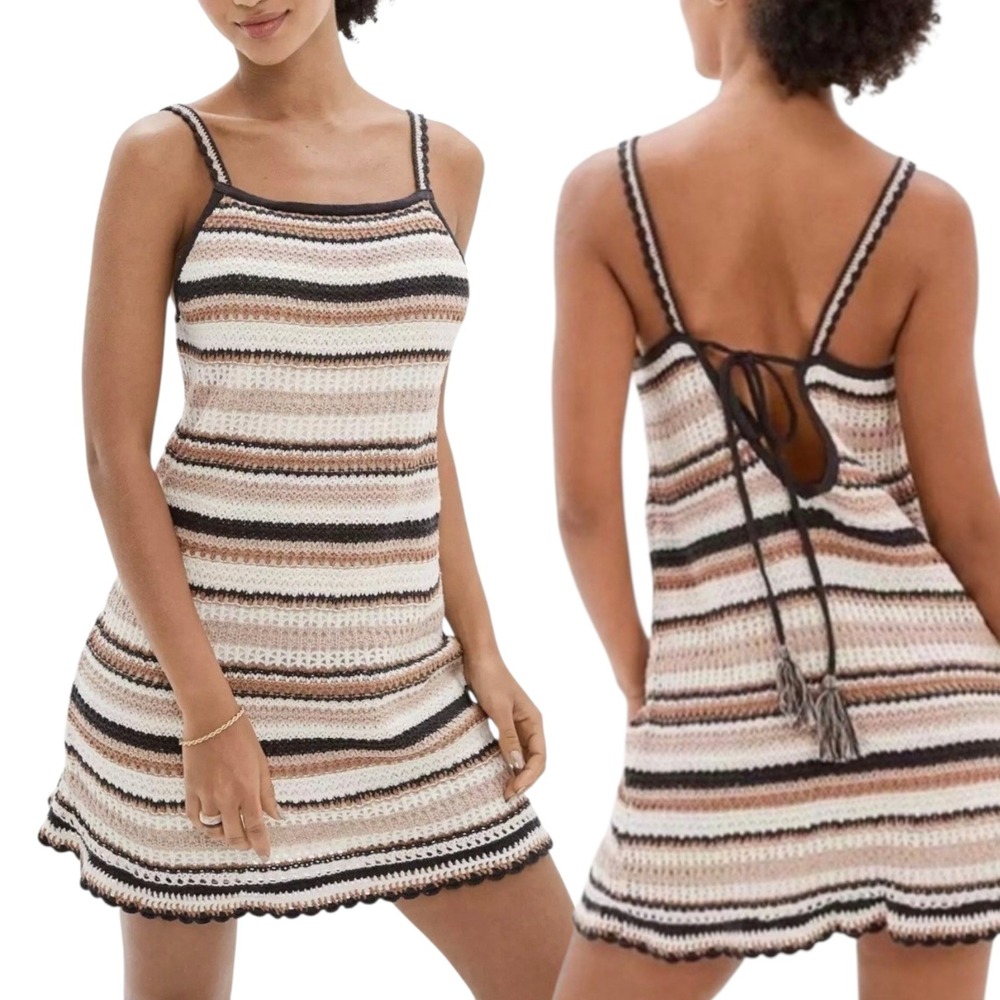 American Eagle Crochet Mini Dress‎ XL Brown Tan Striped Cowgirl Festival Boho
